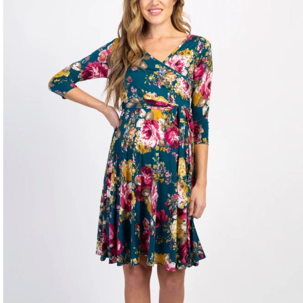 Pinkblush teal and pink floral 3/4 sleeve stretch wrap dress
